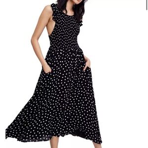 Free people smocked polka dot dress Sz S/P black tea length pockets